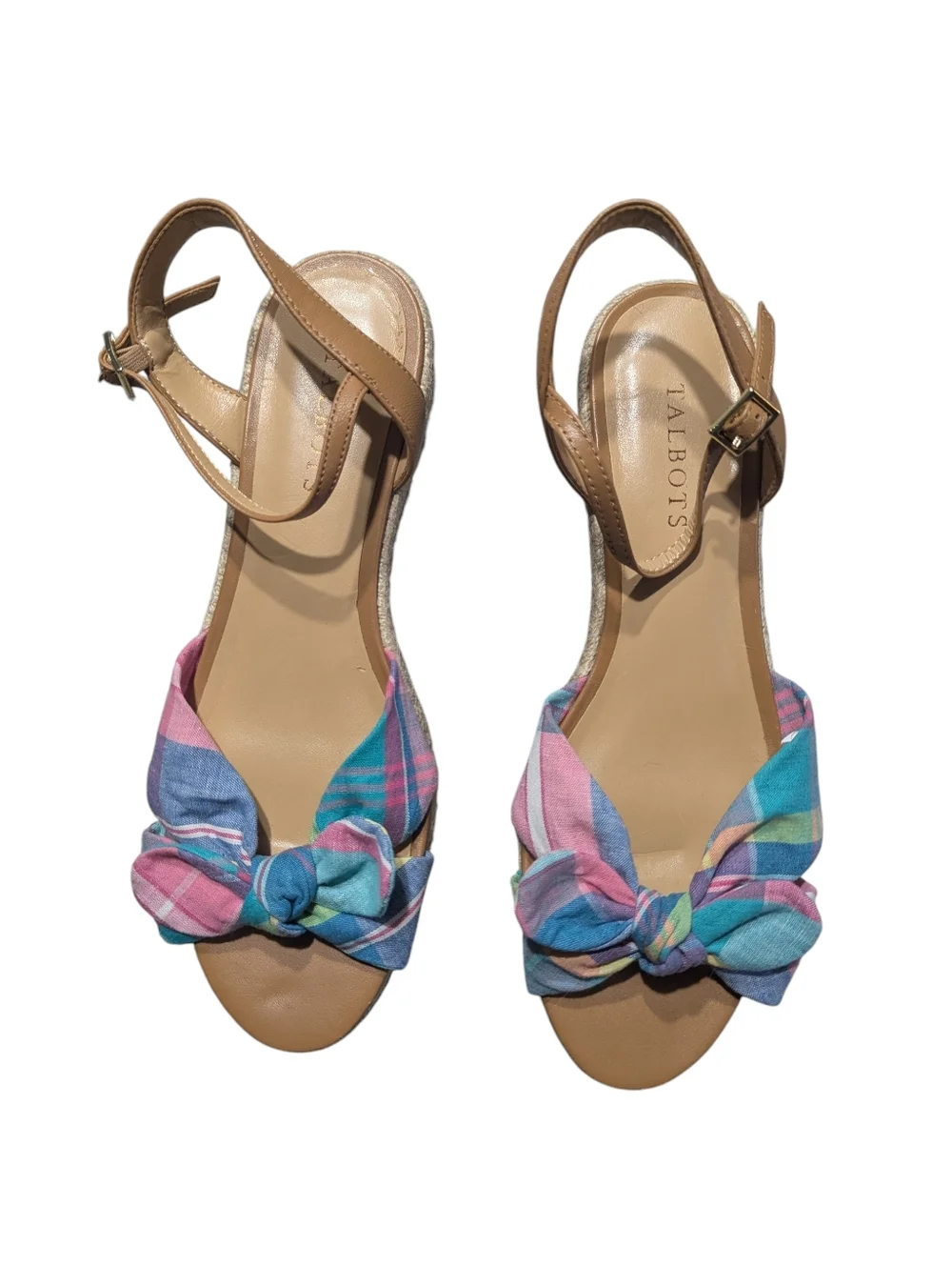 Talbots Womens Sandals Pamela Knotted Espadrille Wedges Madras Plaid Summer 8.5